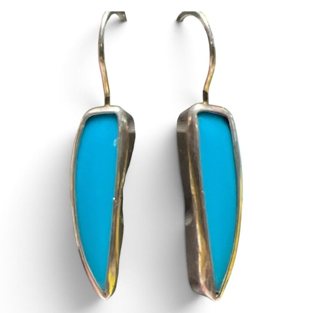 Vintage Modernist Sterling Silver Turquoise Inlay Drop Earrings, signed Artisan